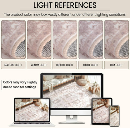 Washable 9x12 Area Rugs, Rugs for Living Room, Low-Pile Water&Stain Resistant Carpet Vintage Distressed Printed Non-Slip Carpet for Bedroom Bathroom Kitchen-Pink