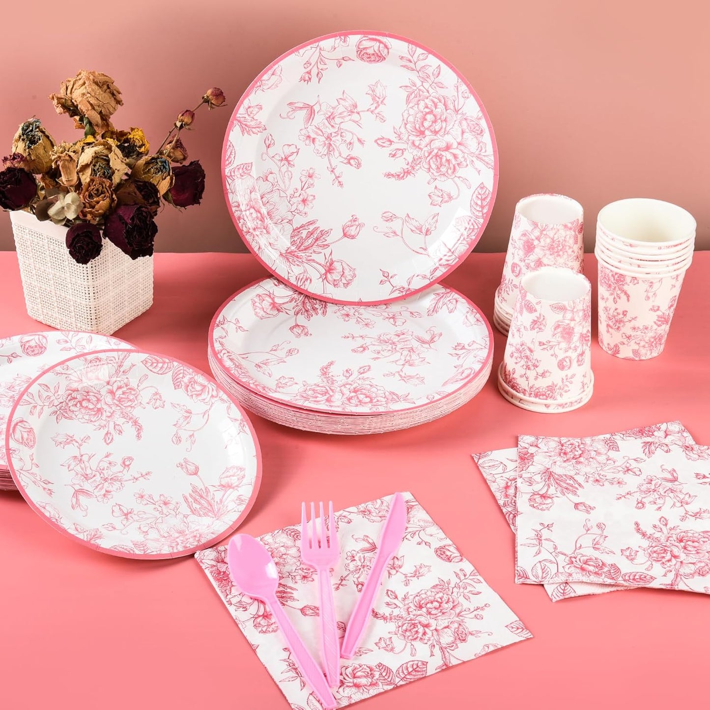 175Pcs Pink Floral Paper Plates and Napkins 25 Guests Pink White Toile Chinoiserie Party Supplies Set Include Plates Napkins Cups Spoons Forks Knives for Christmas Birthday Wedding Mother's Day