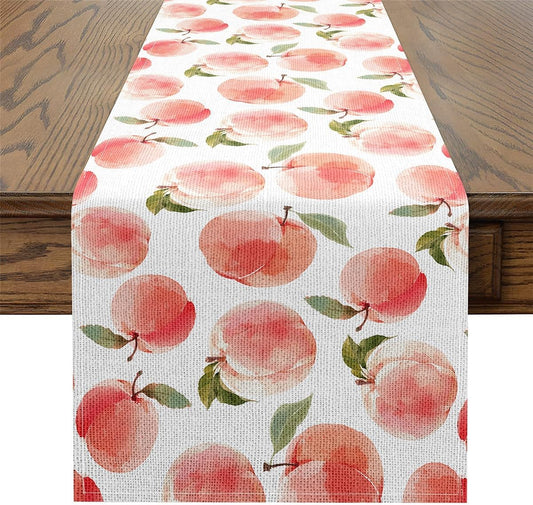 jejeloiu Peach Table Runner 60x13 Inch,Cute Peach Leaf Printed Kitchen Dining Decoration, Natural Theme Home Decor for Living Room Pink Green