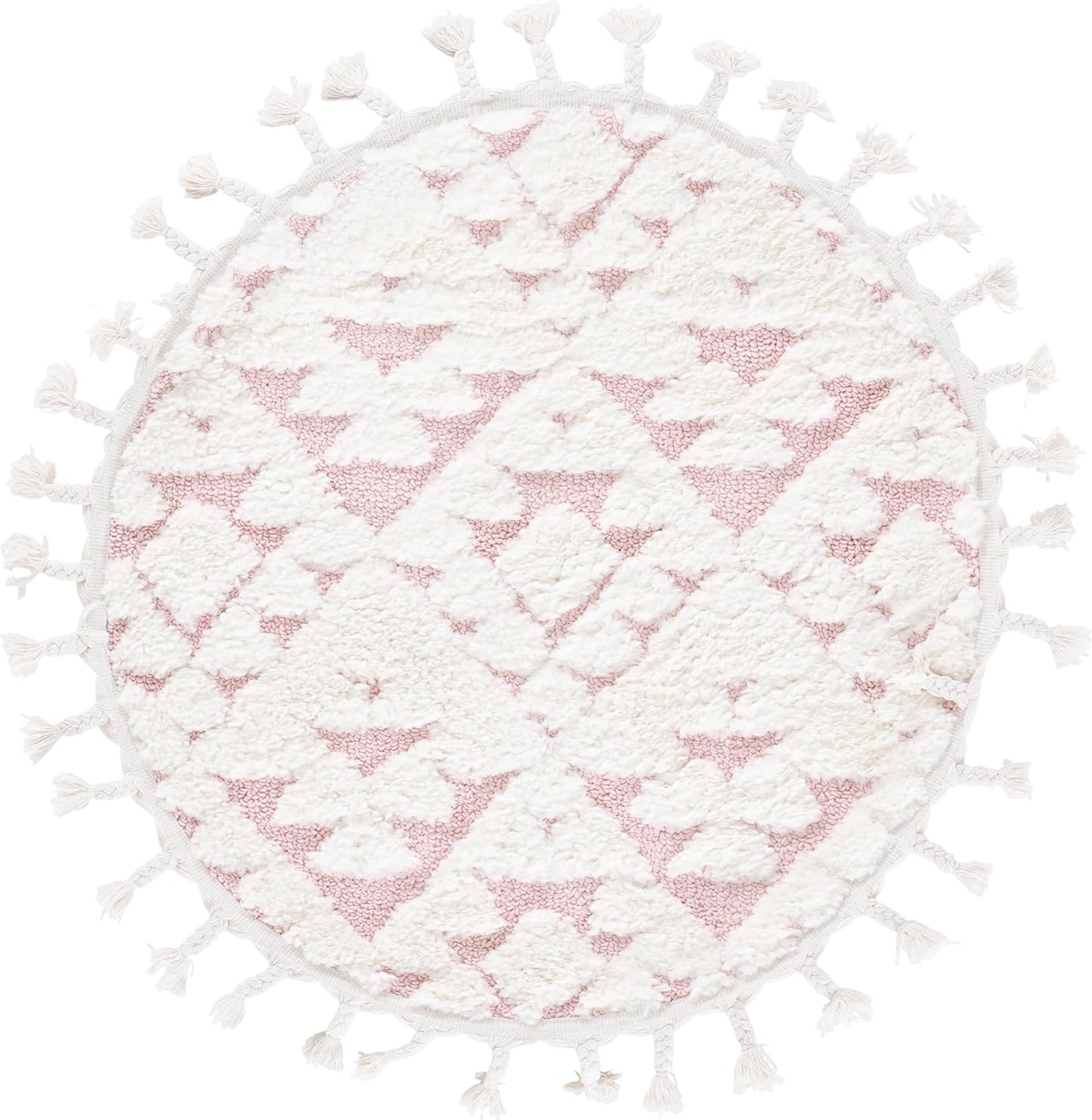 SAFAVIEH Moroccan Tassel Shag Collection Area Rug - 3' Round, Ivory & Pink, Non-Shedding & Easy to Clean, Plush High-Low Texture, Ideal for Living Room, Bedroom, Dining Space (MTS688U)