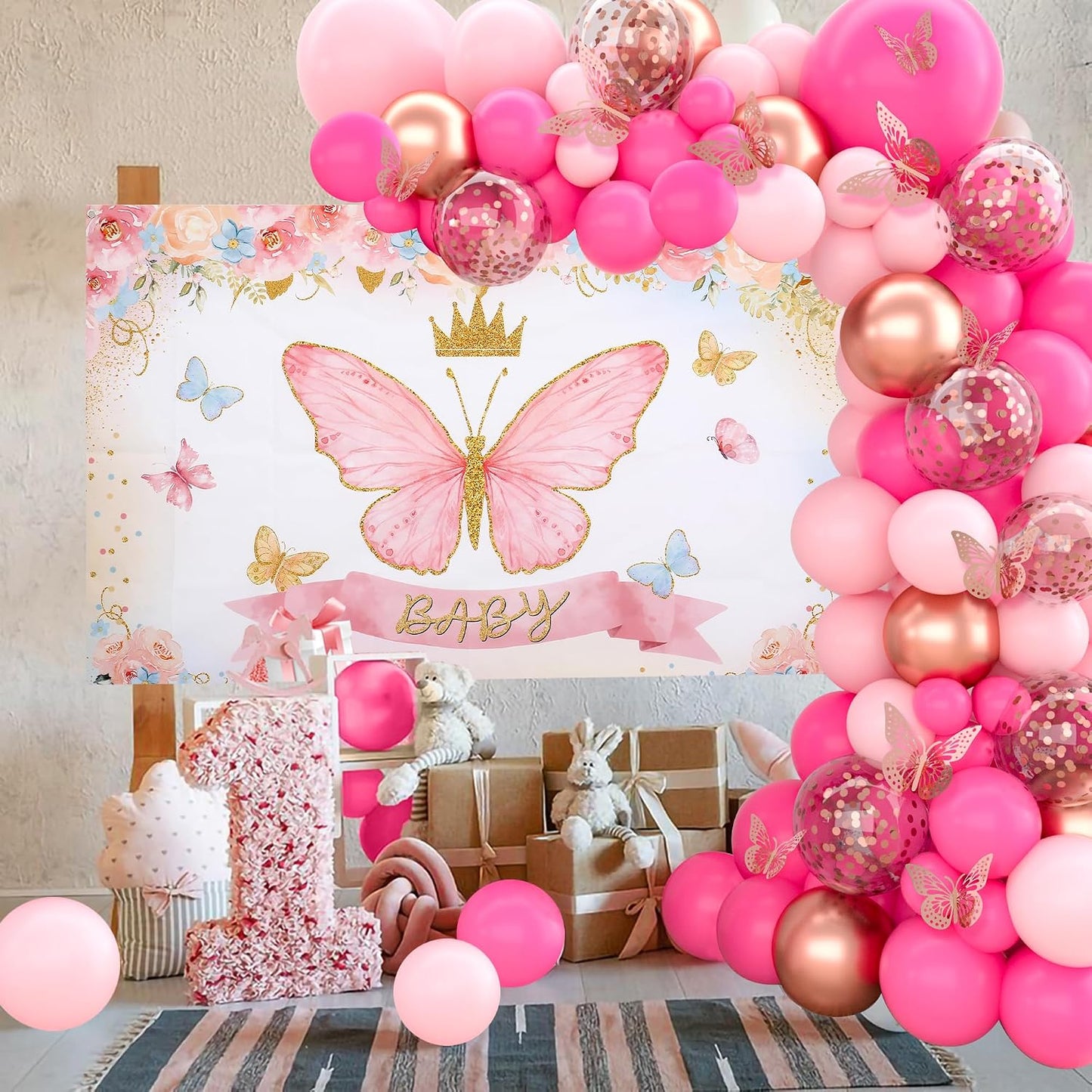 Pink Butterfly Baby Shower Decorations for Girl Pink Balloon Arch Kit Baby Boxes and Backdrop Kit for Baby Shower Decorations Butterfly Theme Birthday Party Decor