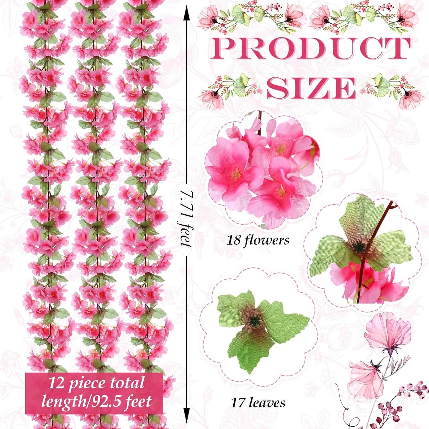 Nuenen 12 Pcs 92.5 FT Artificial Cherry Blossom Flower Vines Bulk Faux Cherry Hanging Garland Pink Flower Vines Silk Flowers Garland with Green Leaves for Party Decor (Rose Red)