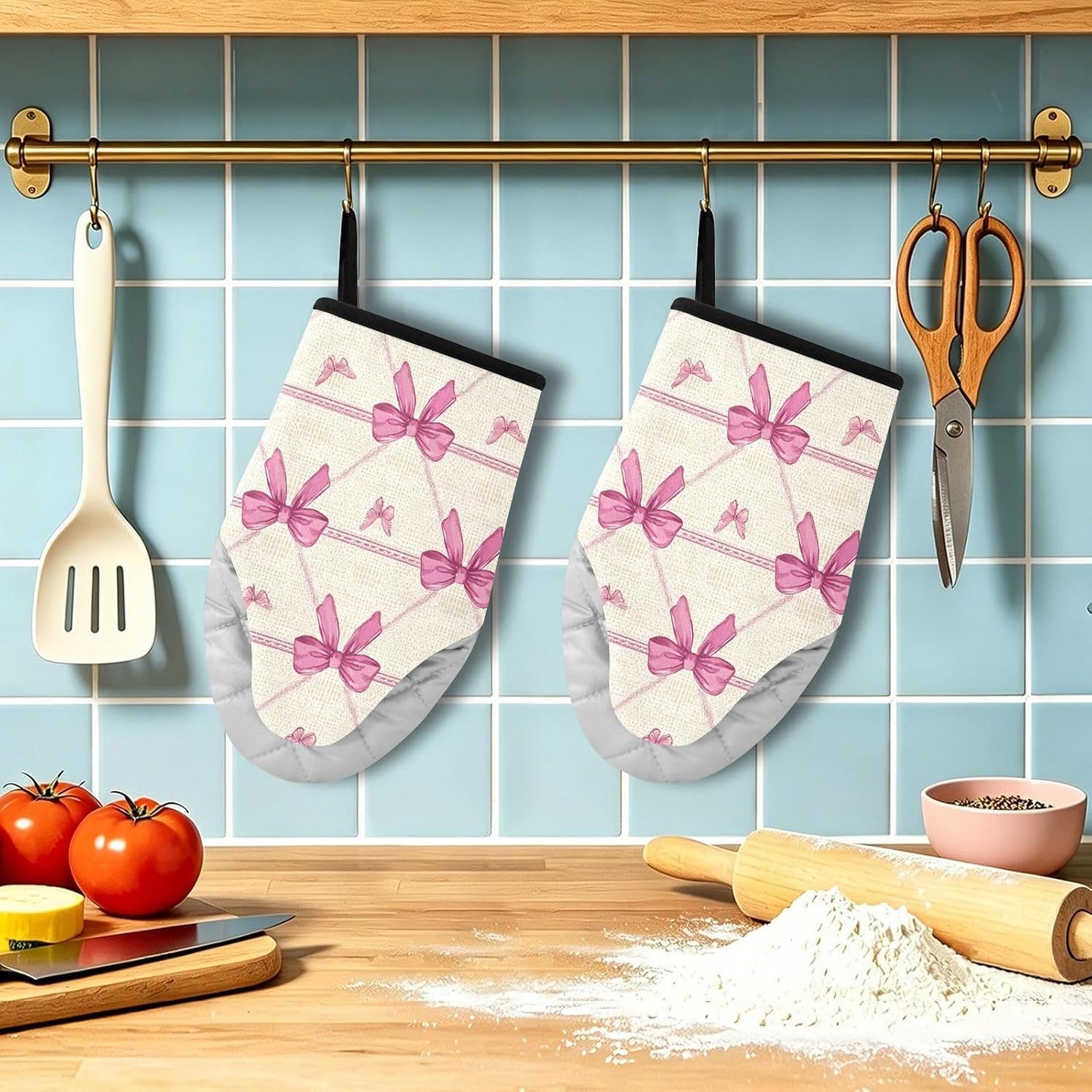 Oven Mitt 2 Pack Set Pink Bow Pattern Butterfly Kitchen Mitts Gloves for for Cooking Baking Grilling