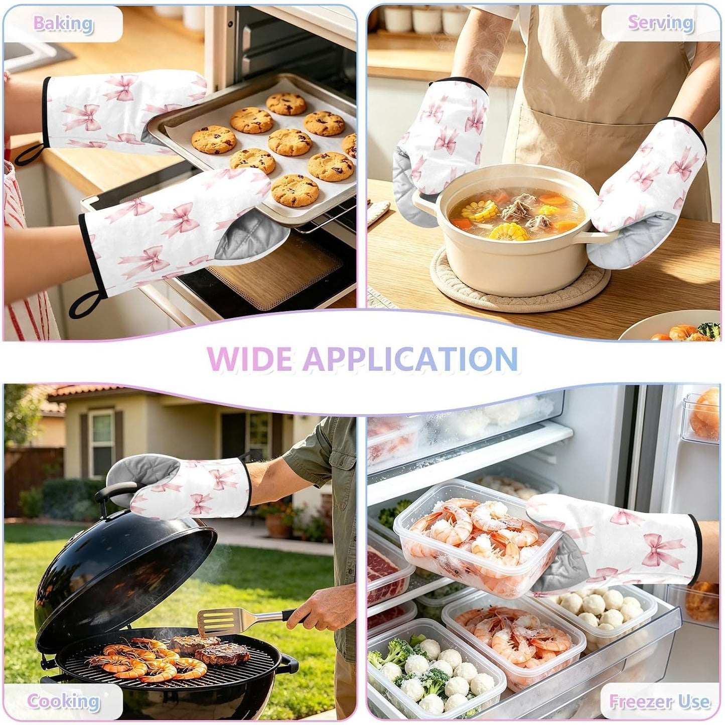 Pink Bows Ribbons Non-Slip Oven Mitts Set Heat Resistant Kitchen Gloves with Quilted Liner Cotton Machine Washable with Hanging Loop for Baking Grilling BBQ