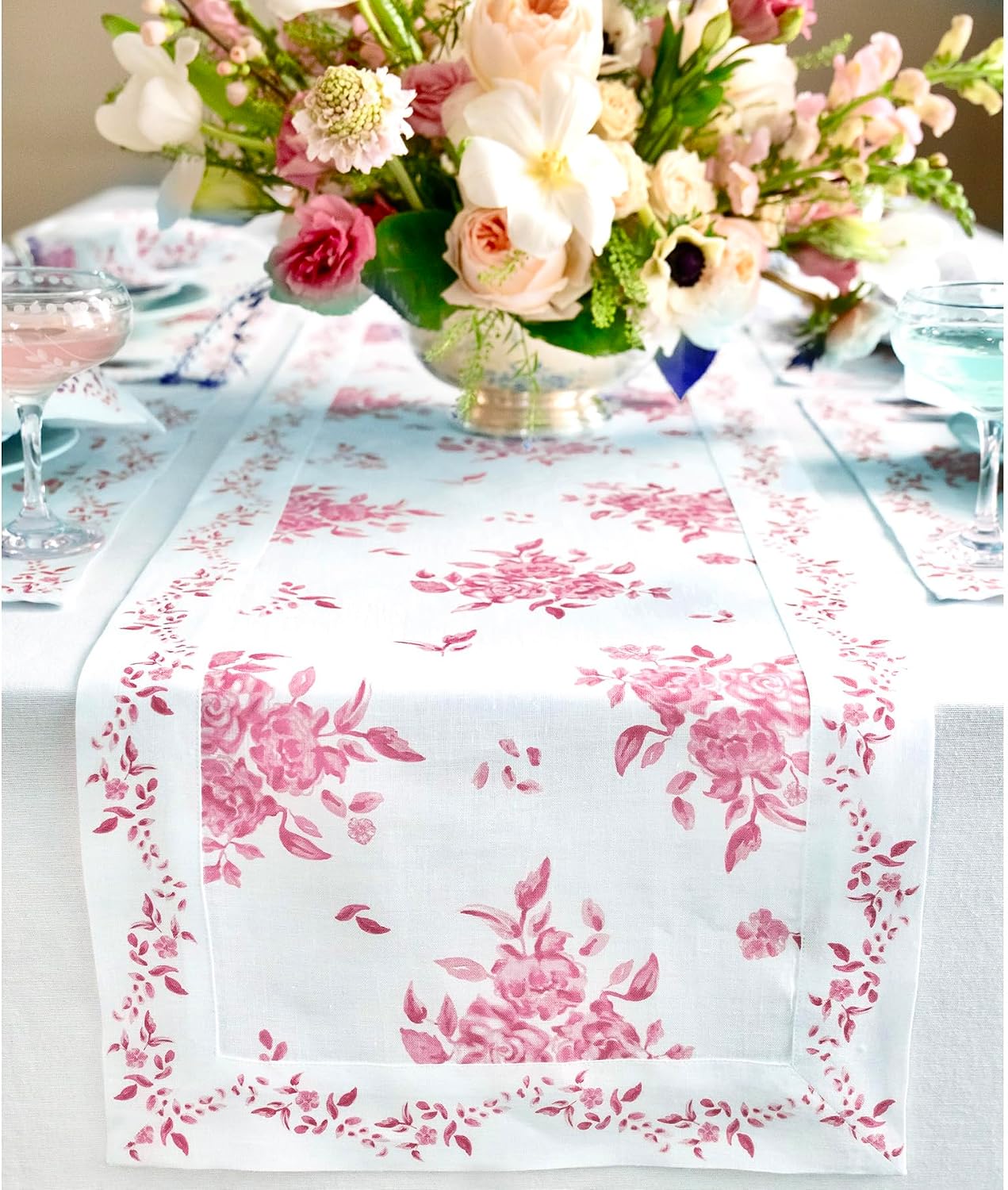 Solino Home Pink Floral Print Table Runner 72 Inches Long - 100% Pure Linen Table Runner 14 x 72 Inch for Spring, Summer - Handcrafted and Machine Washable - Jolie Fleur Print