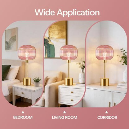 QiMH Glass Table Lamp for Living Room, Modern Bedside Lamp with Pink Ribbed Glass Shade, 3-Way Dimmable Touch Control Nightstand Lamp for Bedroom, Brushed Gold (2700K LED Bulb Included)