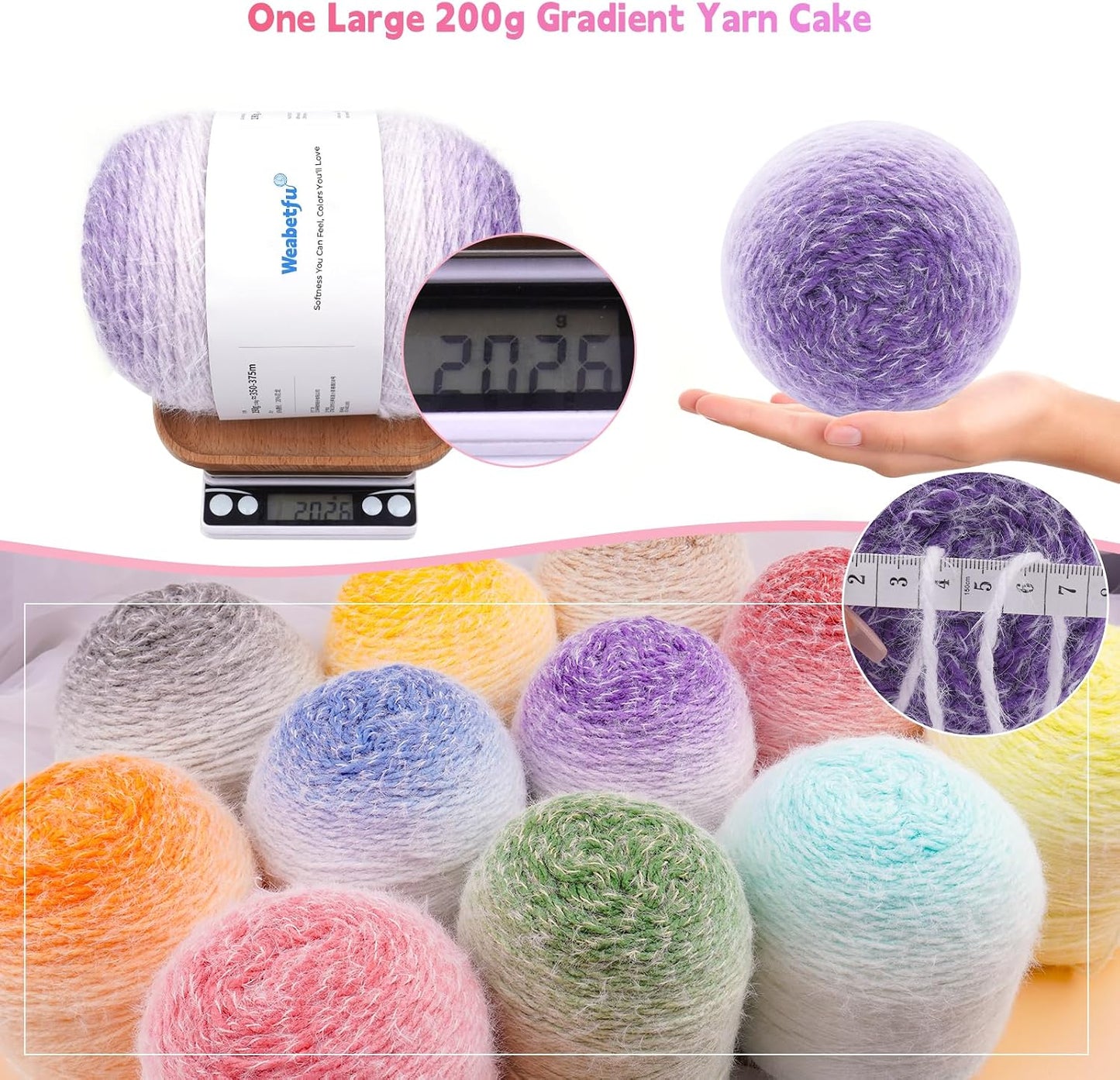 Weabetfu Gradient Cake Yarn for Crocheting & Knitting-Ombre Yarn Cake of 200g/7.05oz.-80% Acrylic,20% Nylon|Light Weight&Soft Crochet Yarns for Scarves,Blankets & Garments-03