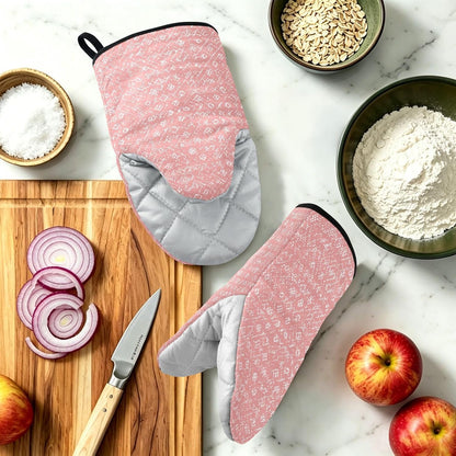 Oven Mitt 2 Pack Set Light Pink Pattern Kitchen Mitts Gloves for for Cooking Baking Grilling
