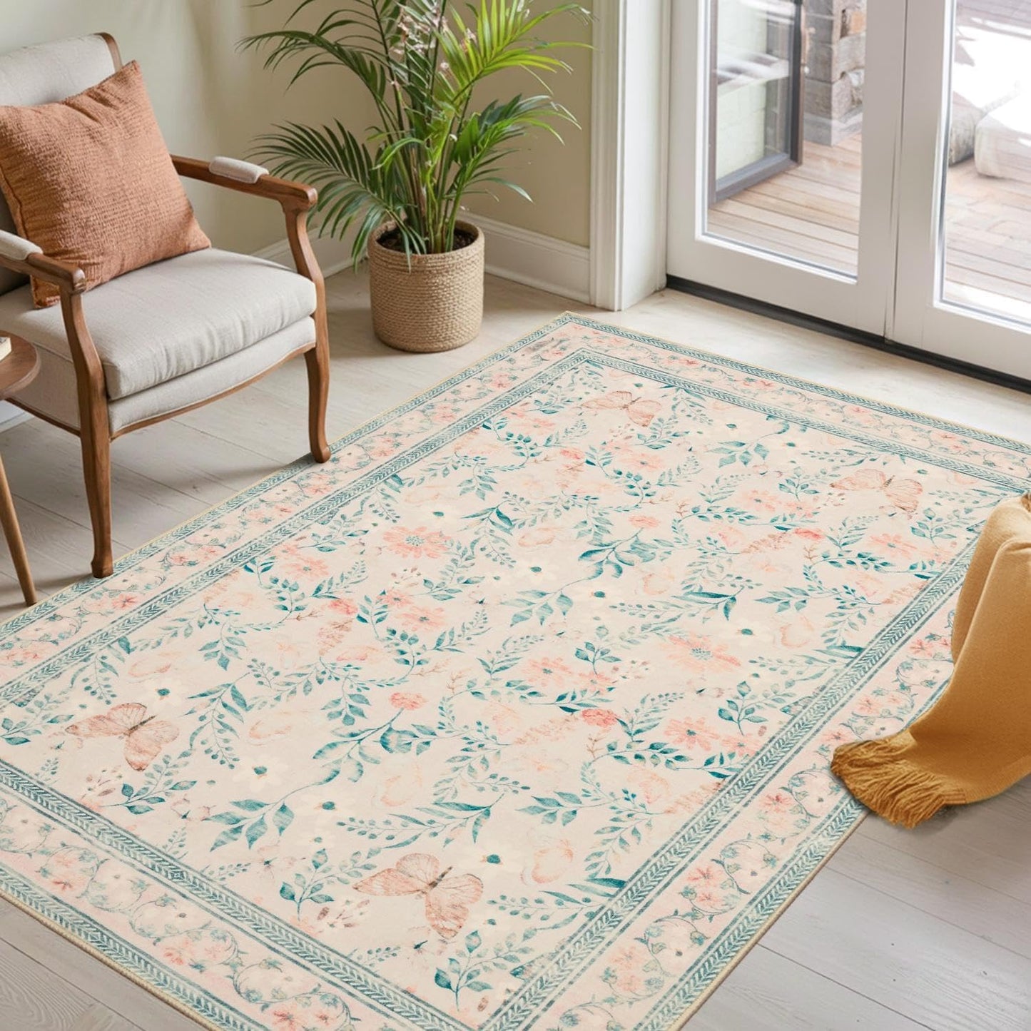 Rugxara Floral Entryway Rug, 3x5 Washable Area Rug,Pink Boho Throw Rugs for Bedroom, Non Slip Low Pile Small Carpet, Girls Kids Room and Nursery Room
