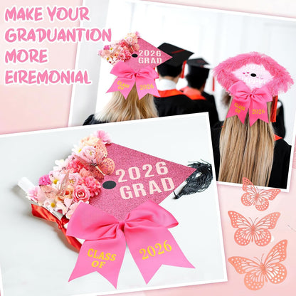 54 Pcs Pink DIY Graduation Cap Decorations Kit Include Faux Flower Pink Bow 3D Butterfly Alphabet Letter Sticker Rhinestones Sticker Glitter Paper Plush Strip for DIY Hat Grad Cap Topper Grad Party