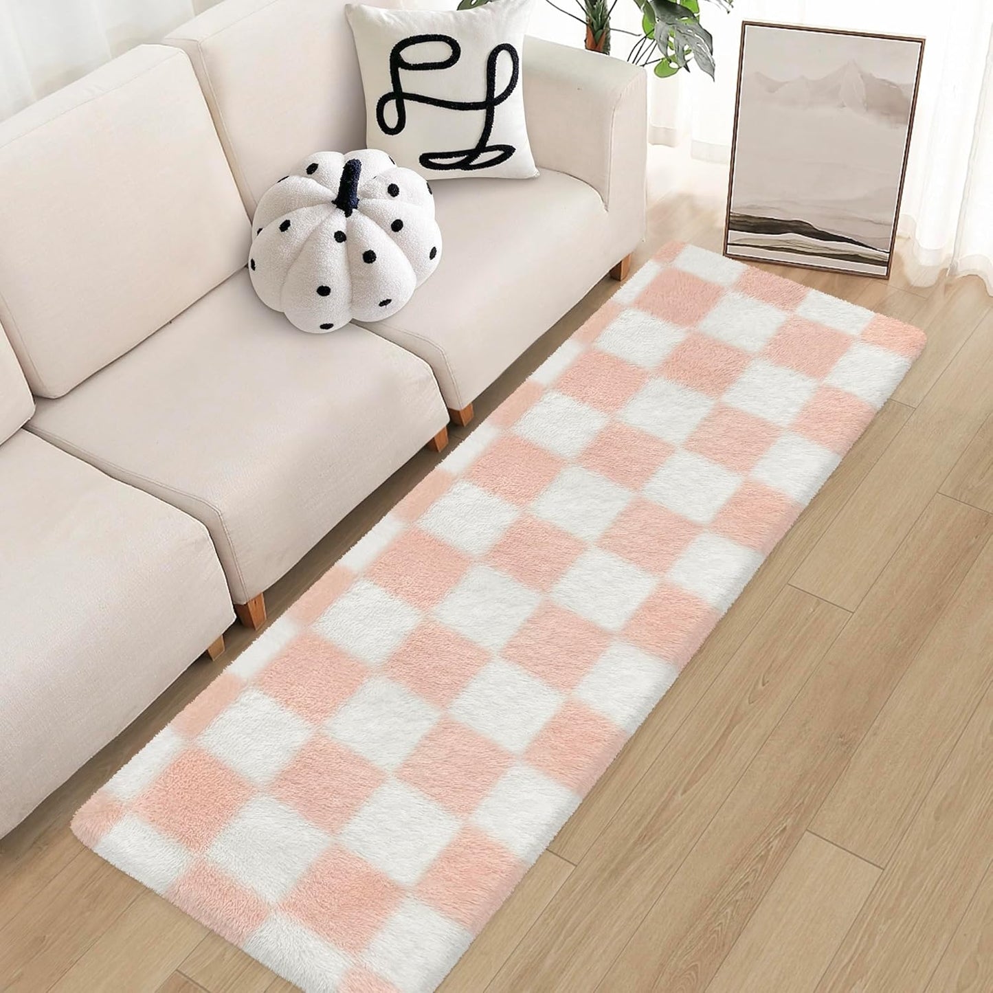 Soft Runner Rug for Bedroom 2x6 Pink and White Checkered Runner Shaggy Rug Indoor Fuzzy Carpet Non Slip Long Rug for Living Room Bedside Sofa Home Dorm