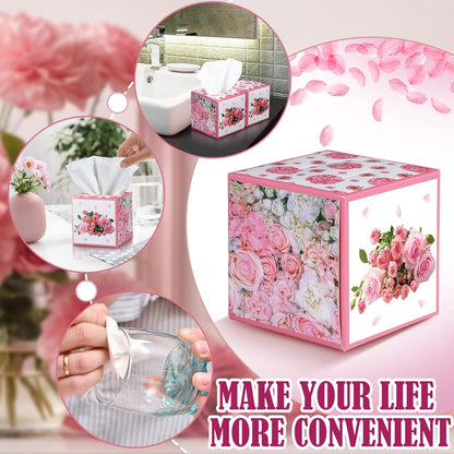 Fourluoo 12 Pack Summer Rose Floral Facial Tissues Cube Boxes 600 Sheets 3 Ply Pink Small Square Flower Face Tissues Bulk for Summer Car Bedroom Supplies