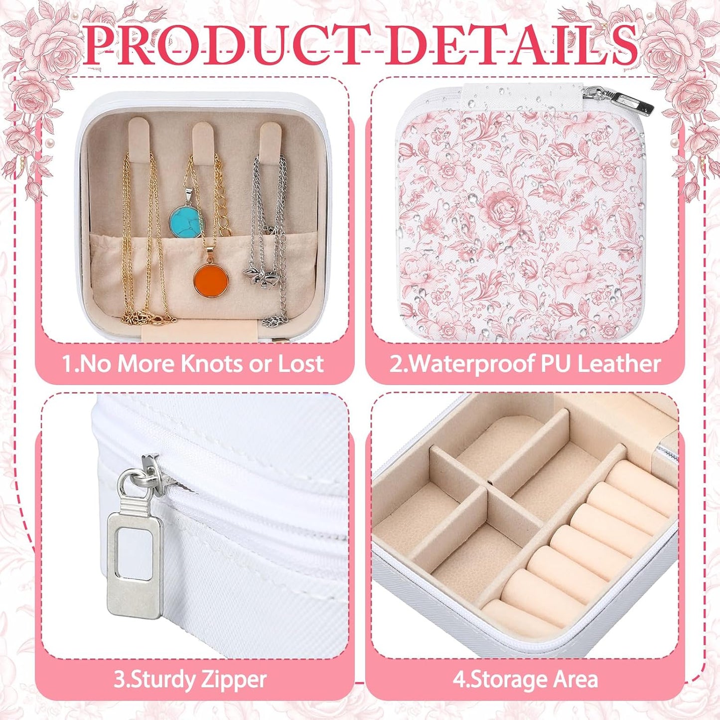 Novabright 8 Pcs Pink and White Floral Travel Jewelry Case Bulk Small Bridesmaid Jewelry Organizers and Storage Box Gifts Little Accessories Holder Tiny Wedding Bridal Party Favors for Women