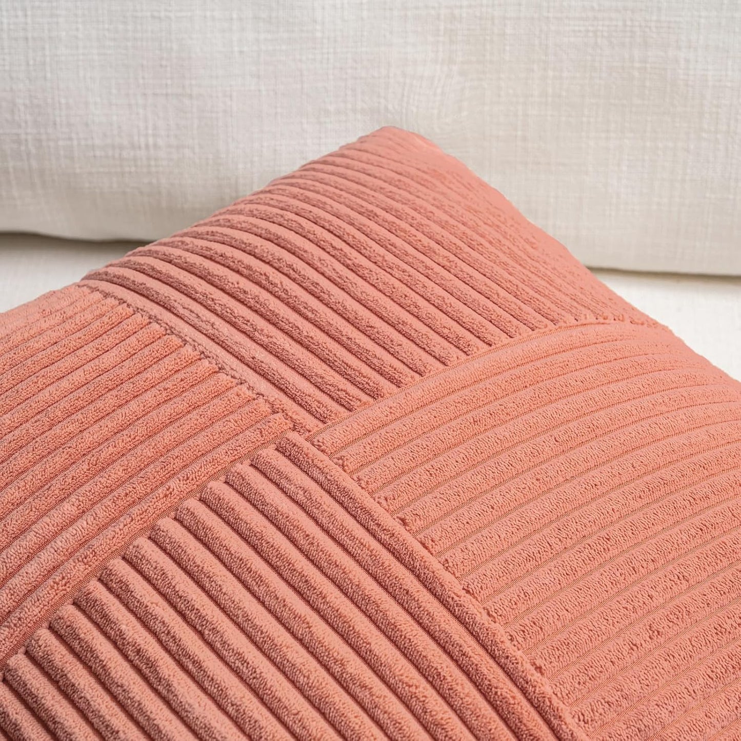 Fancy Homi Coral Lumbar Decorative Throw Pillow Covers 12x20 Inch for Living Room Couch, Rustic Farmhouse Boho Home Decor, Soft Striped Corduroy Rectangle Accent Peach Cushion Case 30x50 cm