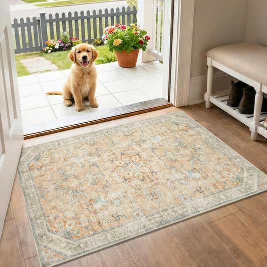 jinchan 2x3 Vintage Rug for Entryway Washable Kitchen Rug Floral Distressed Design Small Mat Non Slip Indoor Doormat Lightweight Low-Profile Throw Carpet for Entrance Bathroom Laundry Room, Pink