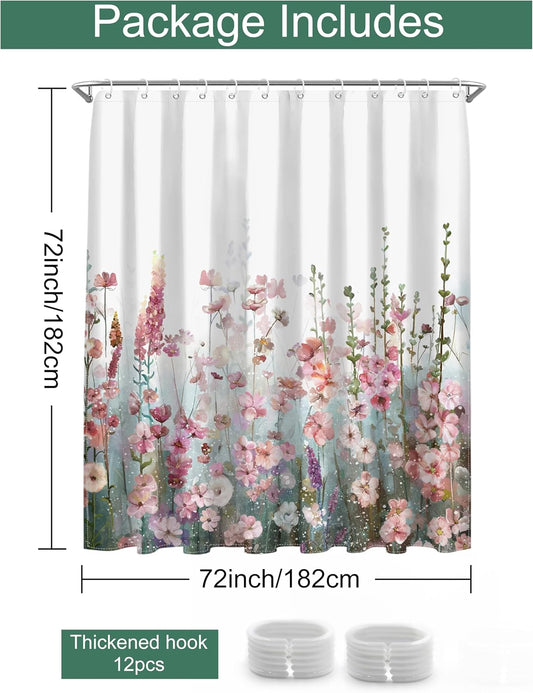 SUMGAR Colorful Flowers Shower Curtain for Bathroom Pink Floral Romantic Wildflower Plants Nature Scenery Decoration Curtain Set with Hooks, 72 x 72 inch