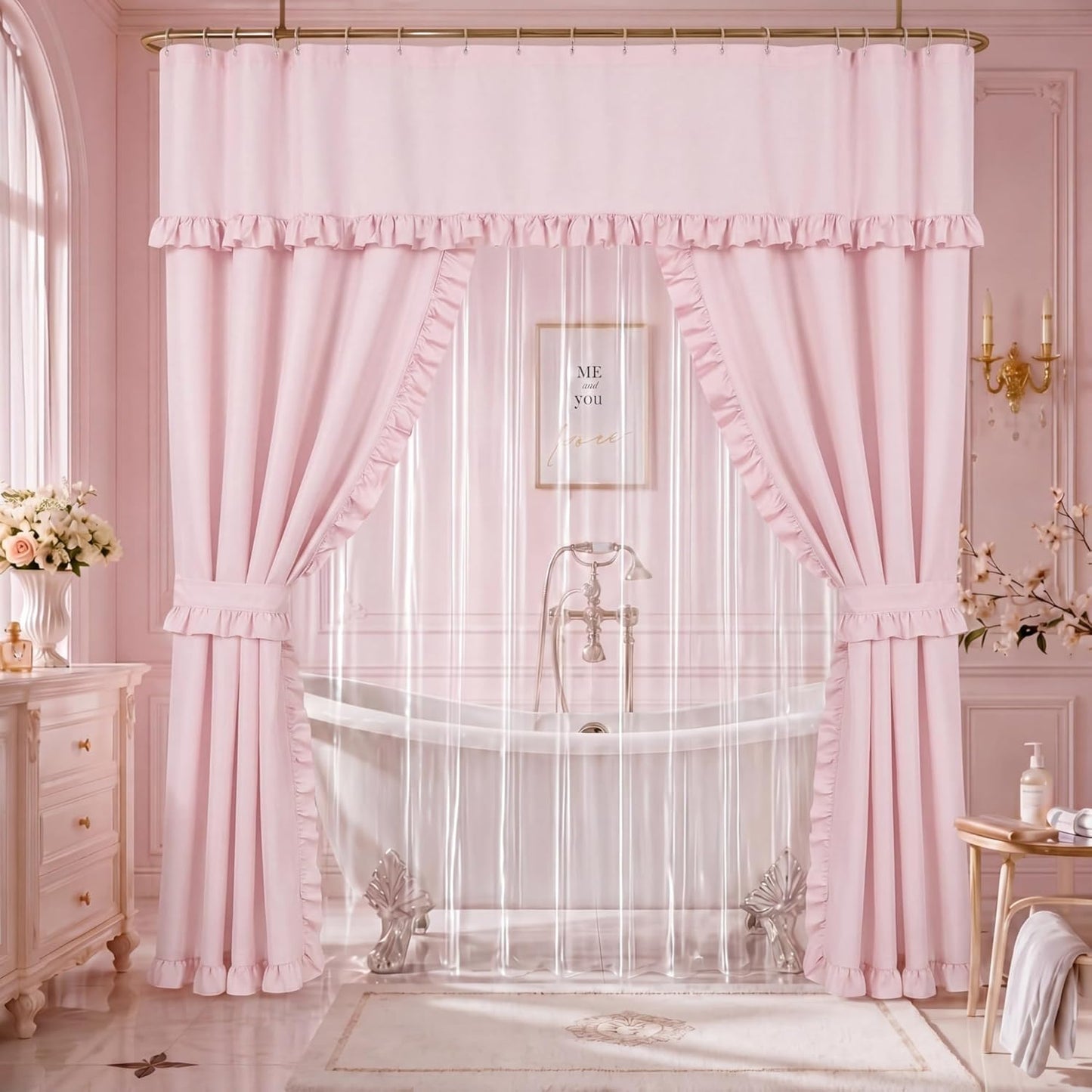 Redbaker 2 Pcs 70 x 72 Inch Double Swag Ruffled Shower Curtains Set with Waterproof Liner Peva Shower Curtain Boho Farmhouse Ruffled Swag Curtain with Rings Valance for Bathroom Home Decor(Pink)