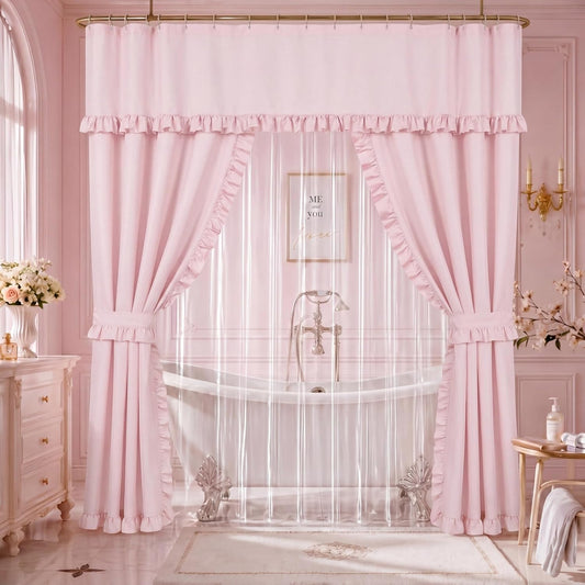 Redbaker 2 Pcs 70 x 72 Inch Double Swag Ruffled Shower Curtains Set with Waterproof Liner Peva Shower Curtain Boho Farmhouse Ruffled Swag Curtain with Rings Valance for Bathroom Home Decor(Pink)