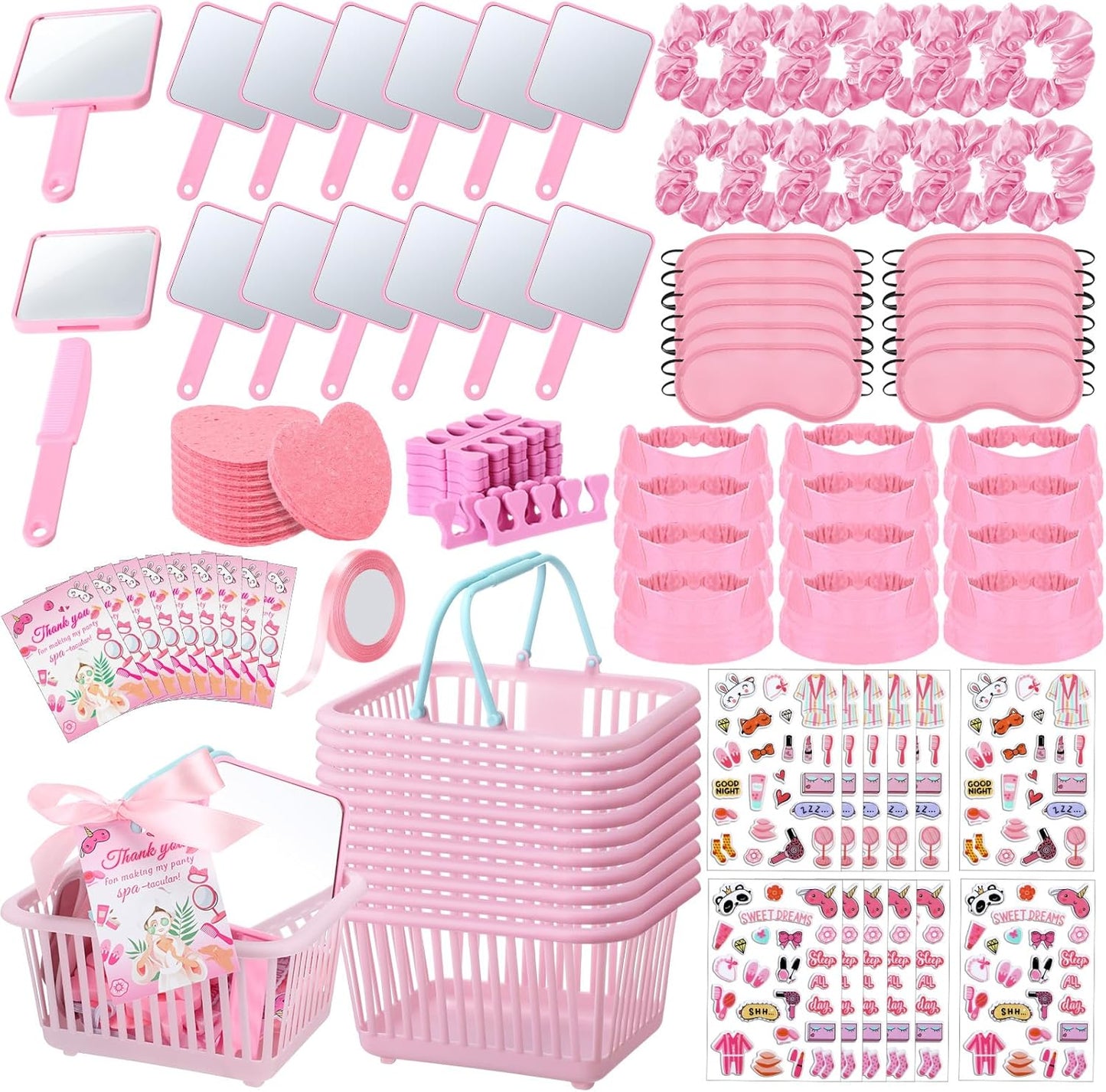 Suncalla 121 Pcs Spa Party Favors Women Spa Sleepover Party Supplies Include Basket Eye Mask Facial Sponge Mirror Comb Hair Circle Headband Toe Separator Stickers Card Ribbon Female Gift(Pink)
