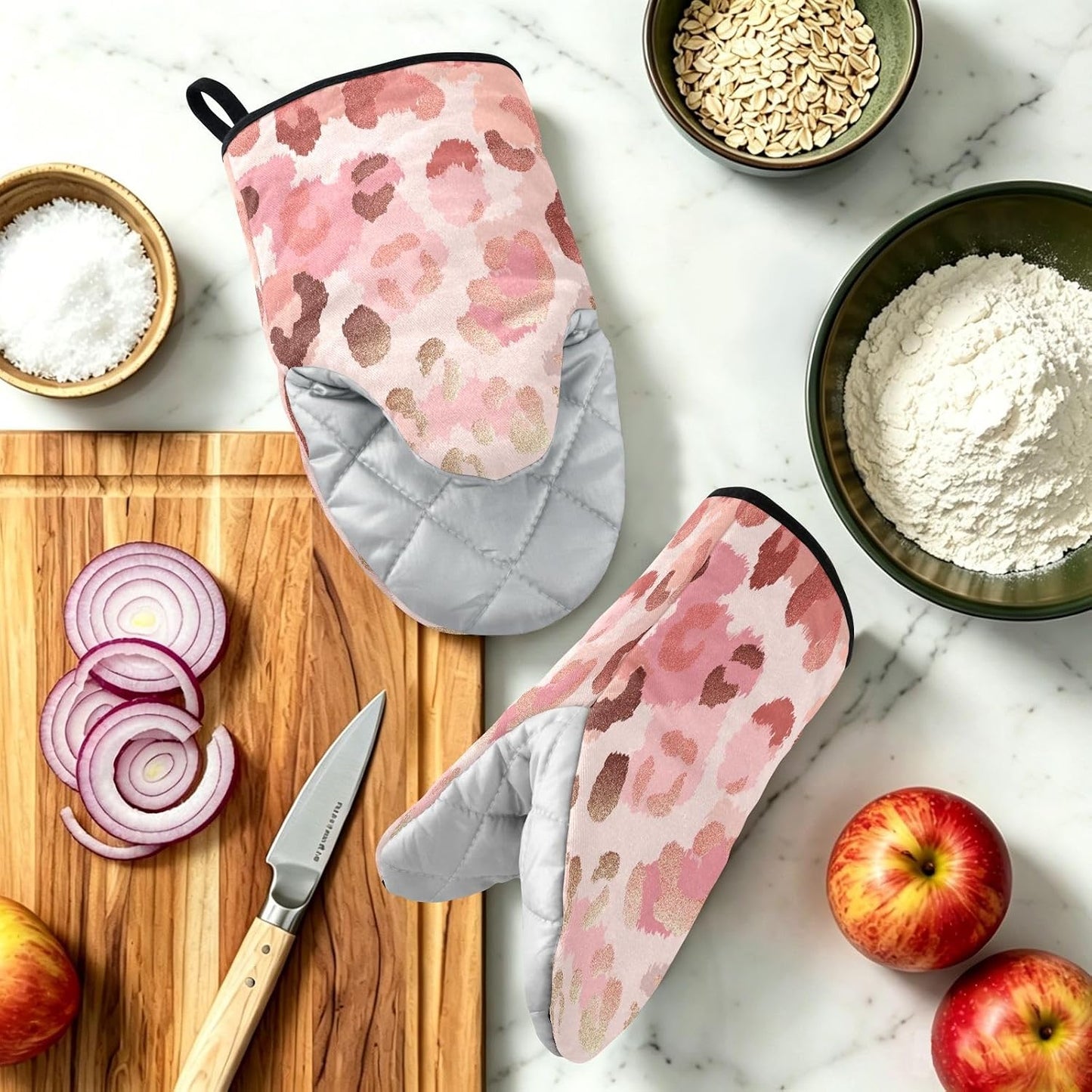 Oven Mitt 2 Pack Set Pink Gold Leopard Print Kitchen Mitts Gloves for for Cooking Baking Grilling