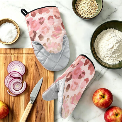 Oven Mitt 2 Pack Set Pink Gold Leopard Print Kitchen Mitts Gloves for for Cooking Baking Grilling