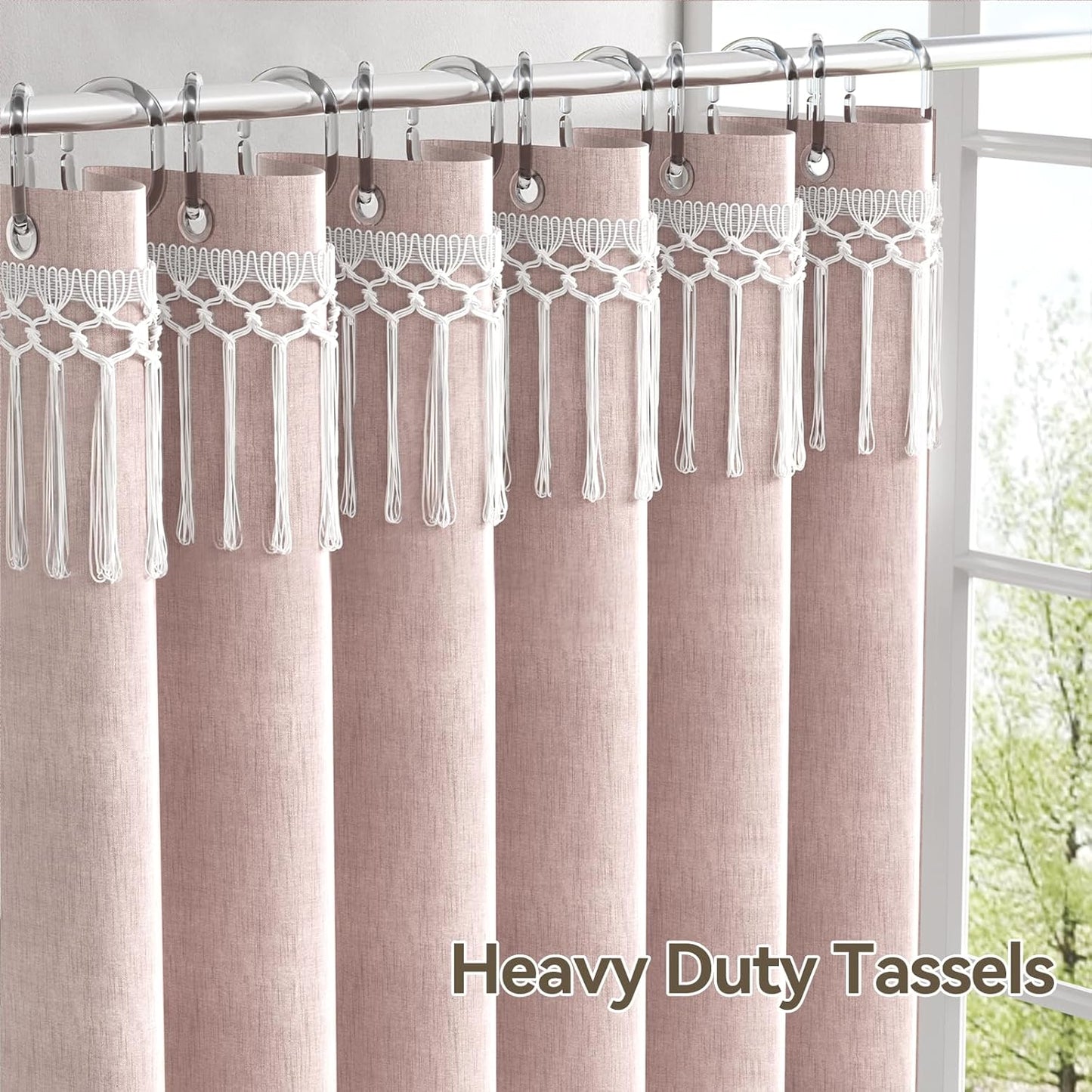 AmazerBath Pink Boho Shower Curtains for Bathroom, Farmhouse Shower Curtain with Top Tassels, Pink Shower Curtain Set, Faux Linen Fabric Shower Curtain with 12 Hooks, Hotel Quality, 72x72 Inches