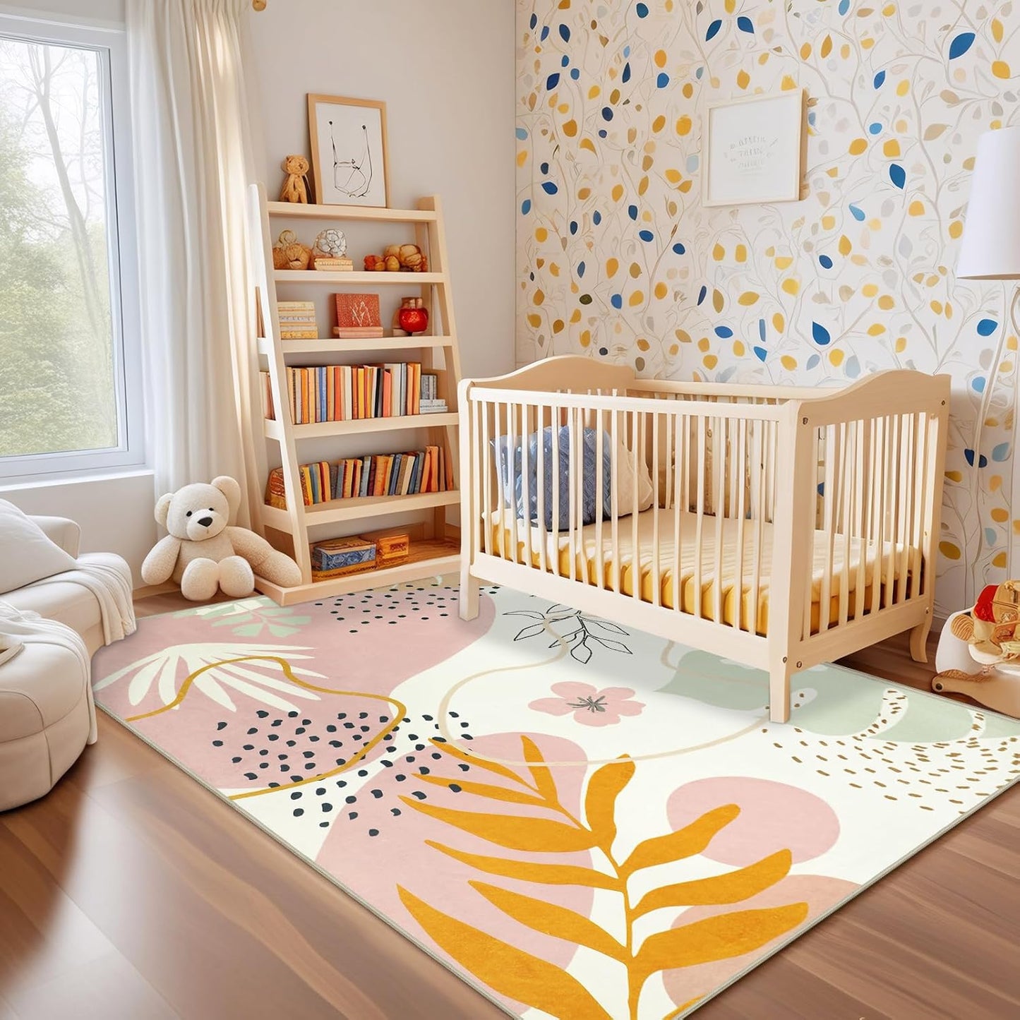 Capslpad Area Rugs 5x7, Washable Nursery Rug, Low Pile Soft Non-Shedding Playroom Carpet, Botanical Print Pink Rugs for Bedroom, Classroom, Living Room