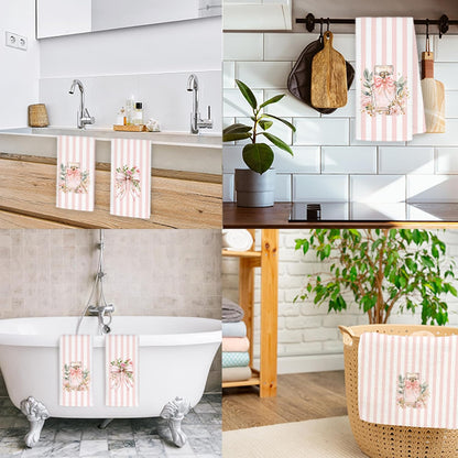 Coquette Pink Bow Floral Bathroom Hand Towels, Coquette Girly Bathroom Decor, Pink and White Striped Perfume Decorative Hand Towels for Bath Room Washroom Restroom, 16x24 Inch Set of 2