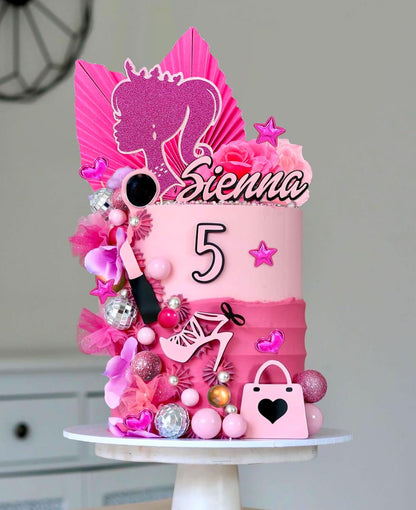 JeVenis Princess Hot Pink Girl Cake Decoration Pink Girls Birthday Decoration Balls Palm Leaves Heels Lipstick Bags Cake Topper for Birthday Bridal Shower Baby Shower