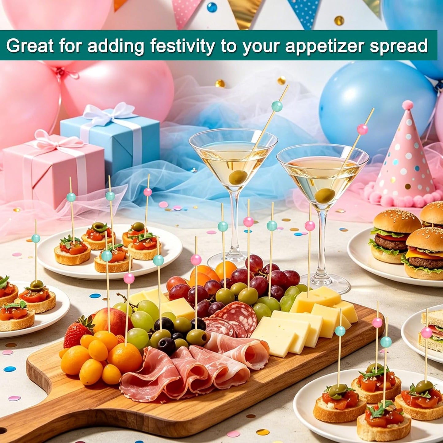 100 Pcs Gender Reveal Cocktail Picks, 4.7 Inch Pink and Blue Pearl Bamboo Toothpicks, Boy or Girl Theme Food Skewers Sticks for Appetizers Fruit Charcuterie, Dessert Gender Reveal Party Decorations