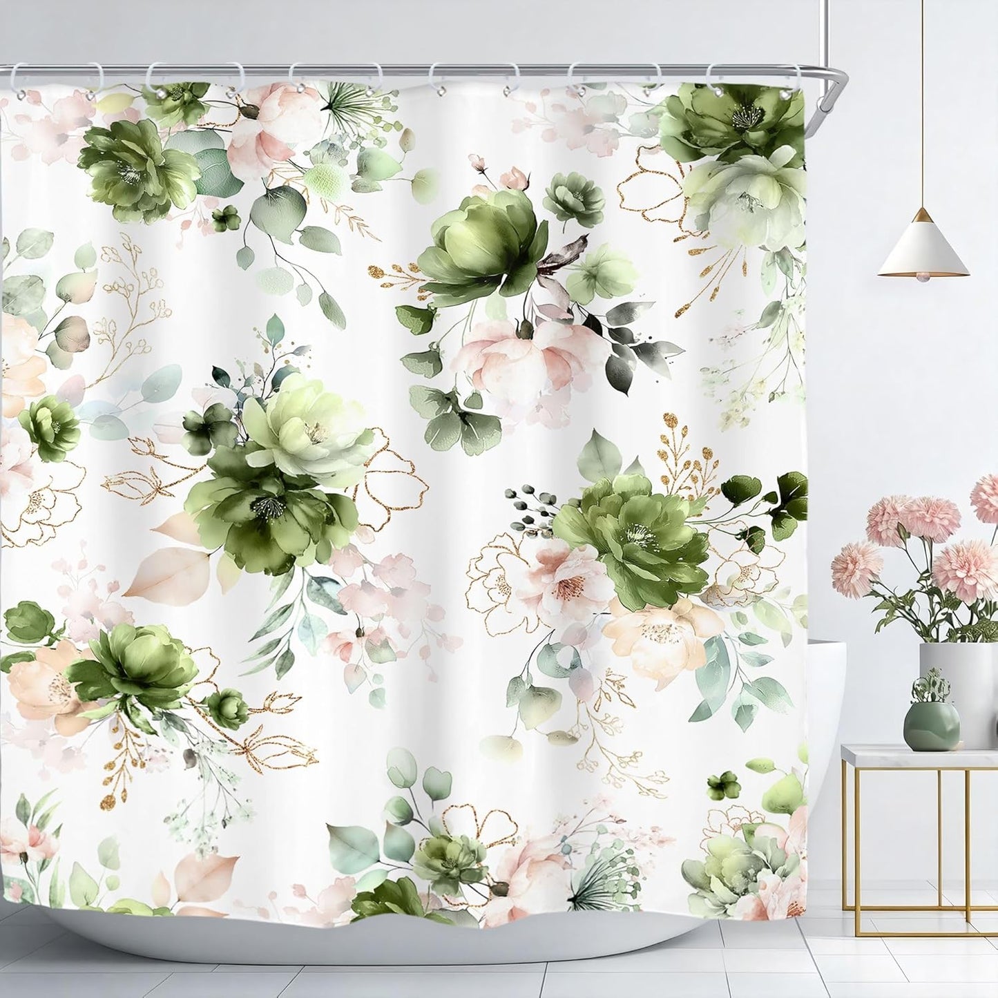 Riyidecor Green Gold Floral Shower Curtain for Bathroom Decor 72Wx72H Cute Boho Rose Flower Botanical Spring Blossom Leaves Girly Sage Art Printed Fabric Polyester Waterproof 12 Pack Hooks