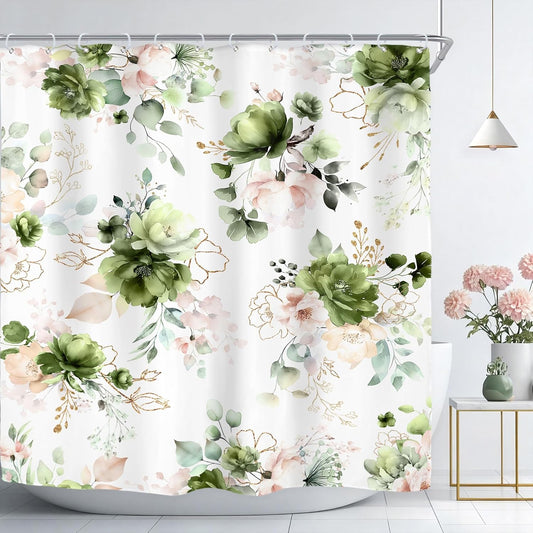 Riyidecor Green Gold Floral Shower Curtain for Bathroom Decor 72Wx72H Cute Boho Rose Flower Botanical Spring Blossom Leaves Girly Sage Art Printed Fabric Polyester Waterproof 12 Pack Hooks