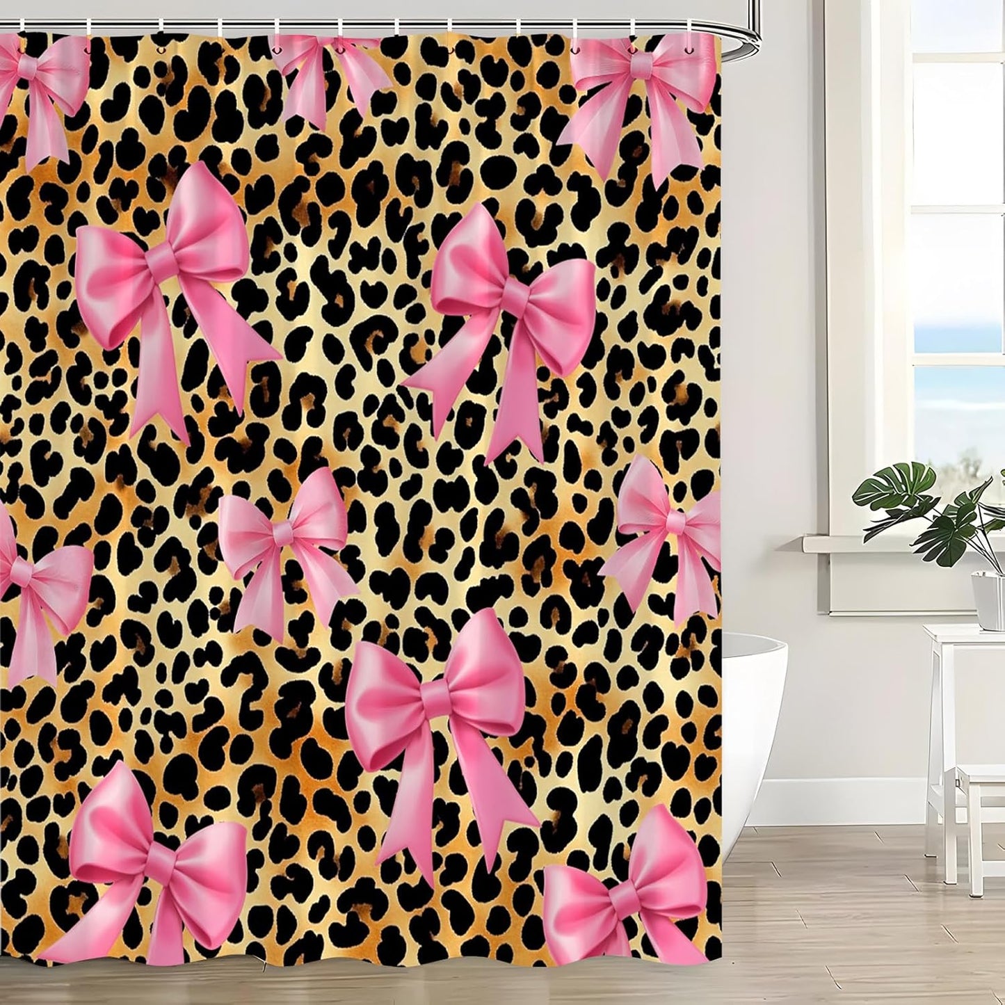 Pink Bow Leopard Print Shower Curtain Retro Bowknot Brown Cheetah Fashion Pretty Sweet Modern Aesthetic Decor Bathroom Curtains Set with Hooks