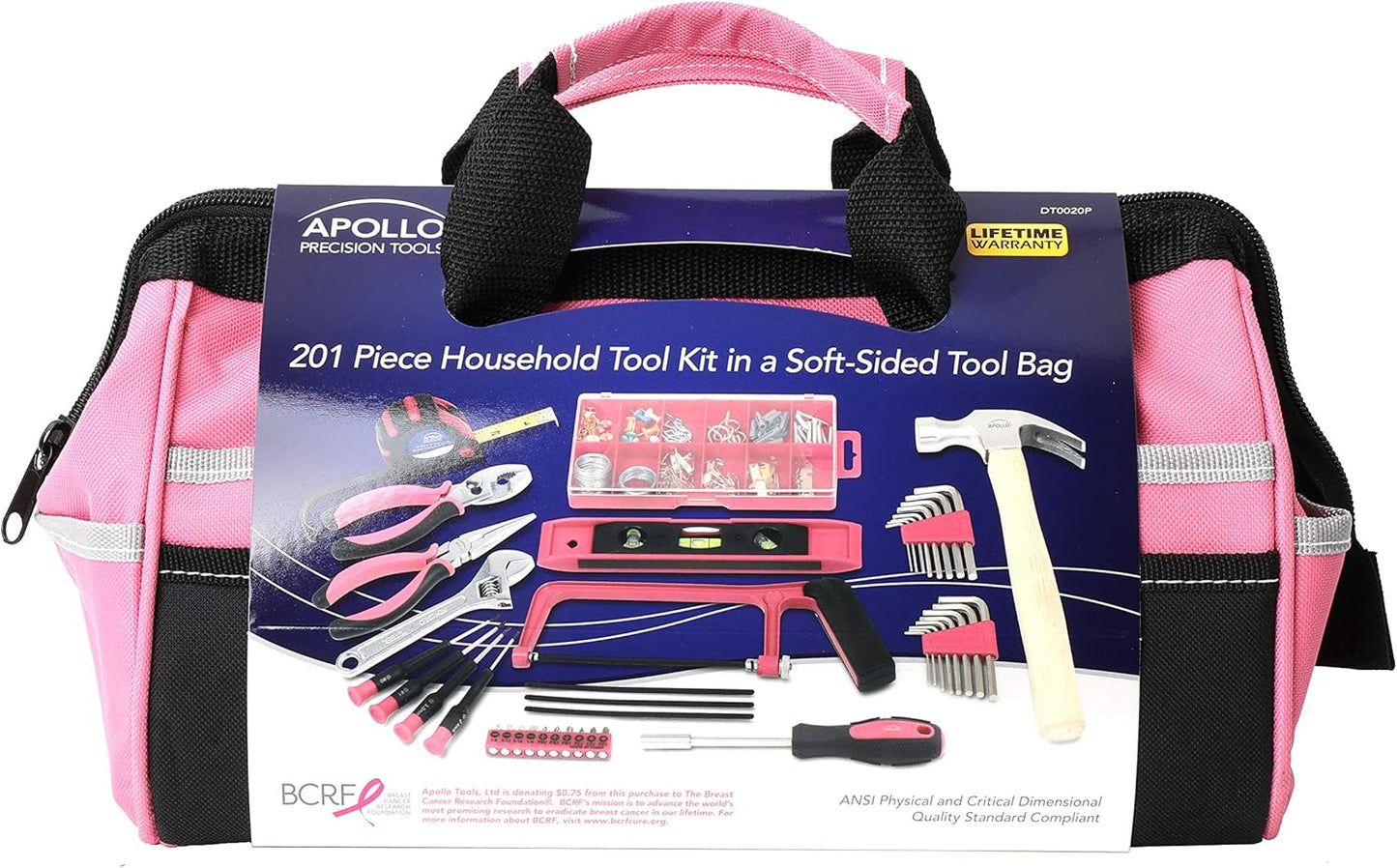Apollo Tools 201 Piece Home Tool Set, Pink Tool Set Includes Hacksaw, Picture Hanging Assortment, and Selection of Most Needed Tools in Sturdy Tool Bag - Pink Ribbon - DT0020P