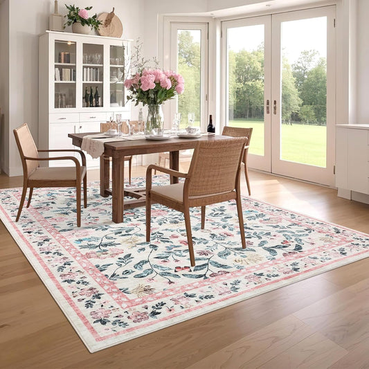 GarveeHome Floral Washable Rug 4x6, Non-Slip Low Pile Botanical Carpet, Vintage Farmhouse Area Rug for Bedroom Nursery Kids Room Home Decor, Pink