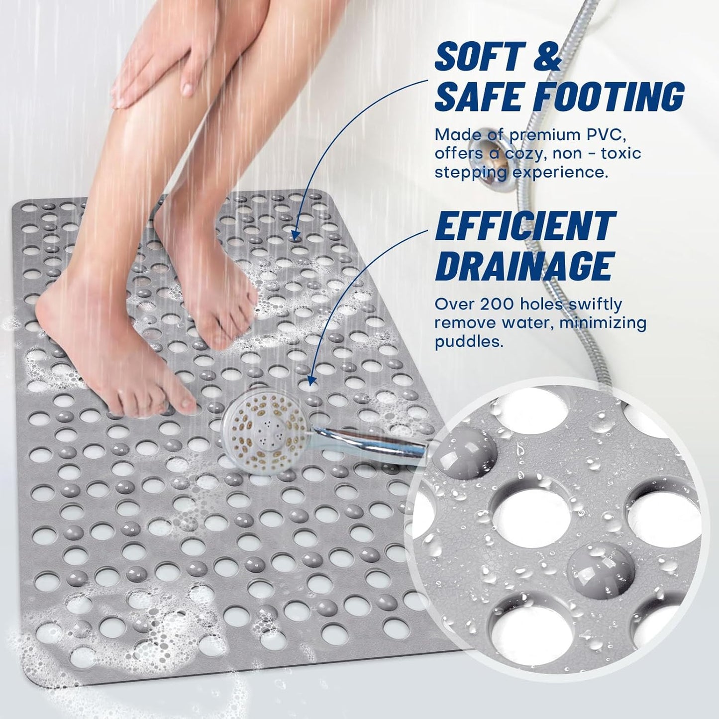 Non-Slip Bathtub Mat 31.5"x17.7" - 200+ Suction Cups, Quick-Dry PVC Shower Mat with Drain Holes - Slip Resistant for Bathroom, Machine Washable Grip Mat