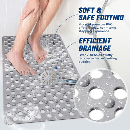 Non-Slip Bathtub Mat 31.5"x17.7" - 200+ Suction Cups, Quick-Dry PVC Shower Mat with Drain Holes - Slip Resistant for Bathroom, Machine Washable Grip Mat