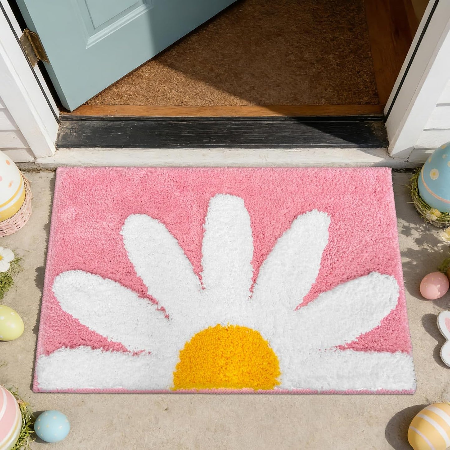 APROPHIC Pink Bathroom Rug, Daisy Bath Mat White and Yellow Floral Non-Slip Super Absorbent Carpet, Spring Bath Decor Microfiber Soft Plush Machine Washable Bathtub Mats for Shower Tub, Sink,17X24 in