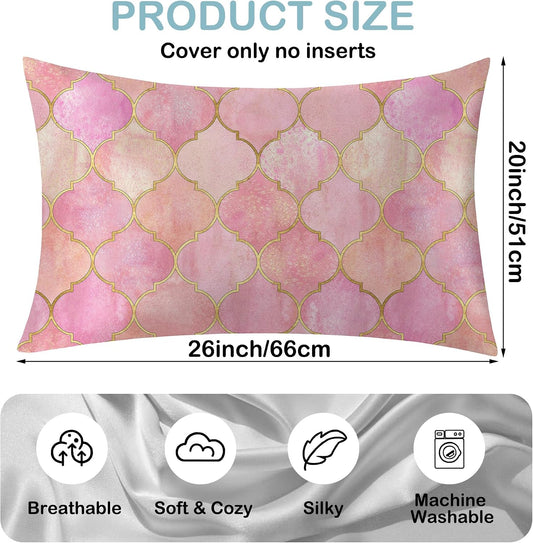 1 Pack Satin Pillowcase for Hair and Skin Vintage Moroccan Pink Golden Imitation Silk Pillowcase 20" x 26" with Hidden Zipper Soft Smooth Cooling Pillow Cover Standard Size for Bedroom Sofa
