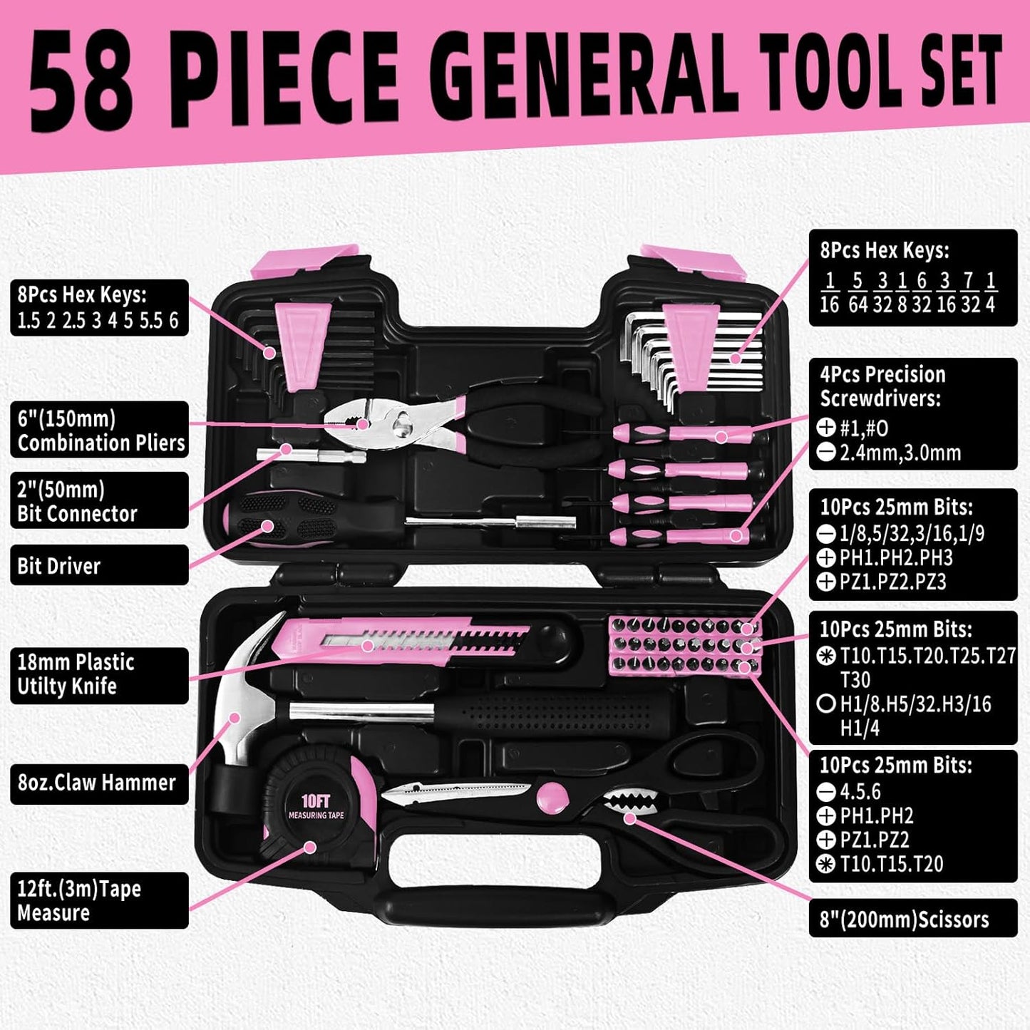 58 Piece Home Tool Set, General Household Hand Tool Kit with Plastic Toolbox Storage Case, All Purpose Household Tool Kit for Women, Girls and Ladies, Pink