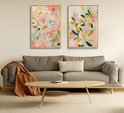 2pcs Abstract Floral And Fruit Canvas Wall Art Peach and Wildflowers Posters Prints Soft Bohemian style Pictures Wall Decor Artwork for Living Room Bedroom Unframed