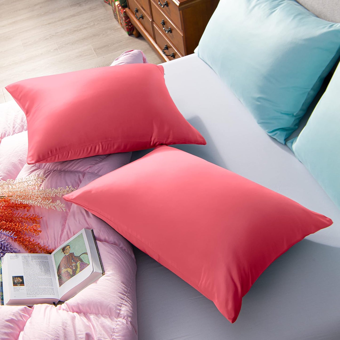 Satin Pillowcases with Zipper for Hair and Skin, Set of 2 Smilar to Silk Pillow Cases, Machine Washable, Wrinkle-Free, Cooling Satin Pillow Cases Queen, 20x30 Inches, Coral Pink