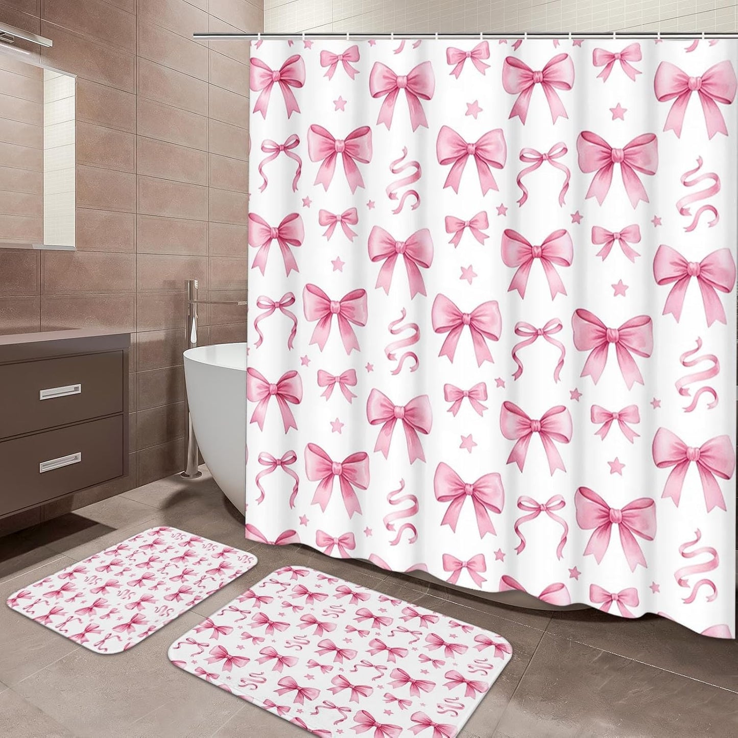ArtSocket Bow Pink Coquette Bathroom Set with Shower Curtain and Bath Rugs and Accessories, Star Preppy Non-Slip Shower Curtain Set, Bathroom Decor 3 Pcs, 72" L x 72" W