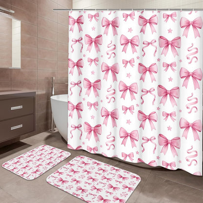 ArtSocket Bow Pink Coquette Bathroom Set with Shower Curtain and Bath Rugs and Accessories, Star Preppy Non-Slip Shower Curtain Set, Bathroom Decor 3 Pcs, 72" L x 72" W