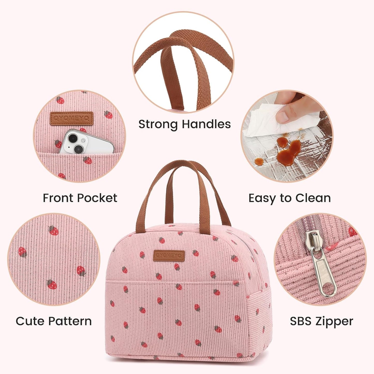 Lunch Bag for Women Men, Reusable Lunch Box, Insulated Lunch Pail bag with Large Capacity, Cute Corduroy Lunch Tote Bags, Cooler Lunch Container for Work Travel Office Picnic (Pink)