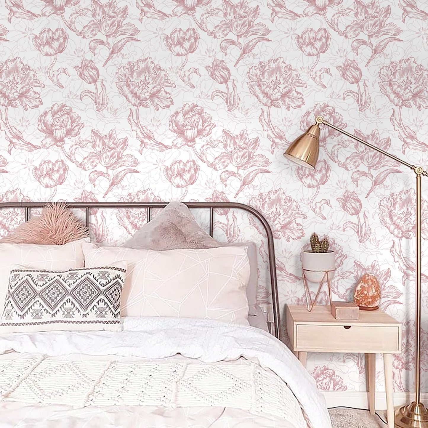 Timeet 17.7In ×197In Pink Peel and Stick Wallpaper, Floral Peel and Stick Wallpaper Boho Contact Paper Removable Self Adhesive Bedroom Cabinet Mural Wall Decor Vinyl Roll