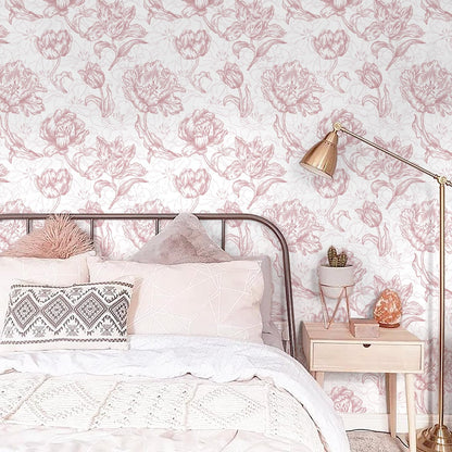Timeet 17.7In ×197In Pink Peel and Stick Wallpaper, Floral Peel and Stick Wallpaper Boho Contact Paper Removable Self Adhesive Bedroom Cabinet Mural Wall Decor Vinyl Roll