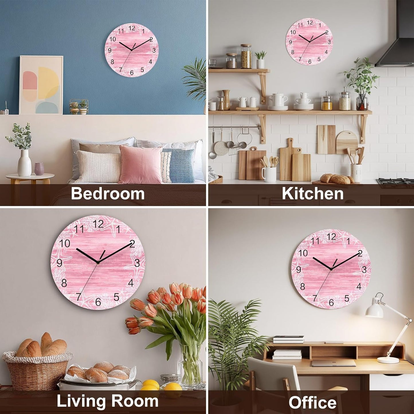 Ocean Wall Clock Battery Operated Non-Ticking 10" Round Wood Clocks, Starfish Seashell Coral Marine Life Pink Kitchen Wall Clock for School Bathroom Living Room Home Office Wall Decor