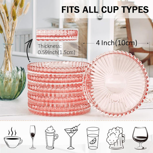 Modern Glass Coasters, GOH DODD Set of 6 Crystal Coasters Tabletop Protection for Drinks, Home Decor, Kitchen, Living Room, Patio, Wedding, Party, Housewarming Gifts, Clear Pink