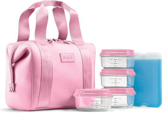 Fit & Fresh Remi Lunch Bag for Women Work – Neoprene Lunch Tote with Containers & Ice Pack, Reusable Meal Prep Lunch Box, Large Capacity, Machine Washable, Pink